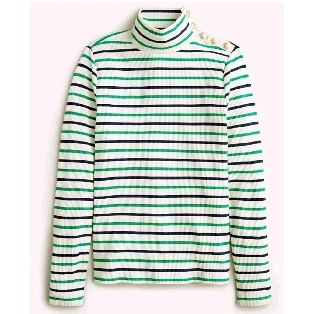 J. Crew White Black Green Striped Fitted Gold Button Turtleneck Sweater Size XS